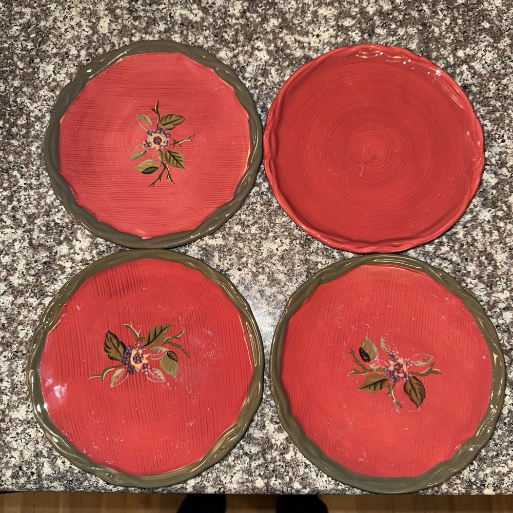 Set of 4 Tracy Porter Octavia Hill 8" Salad Plates Red Floral Decal Cottagecore